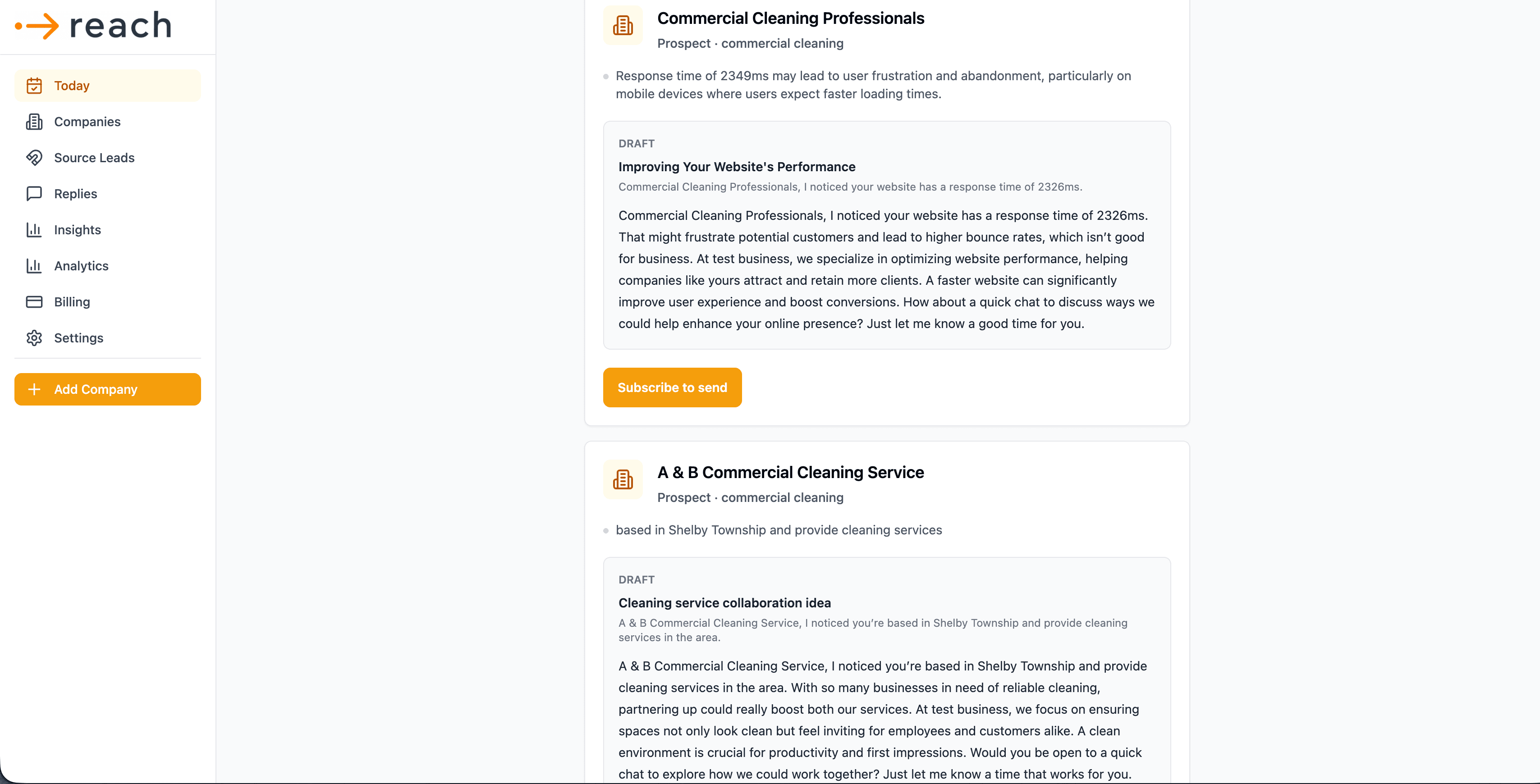 The Reach Today screen — prospects with ready-to-send, personalized email drafts